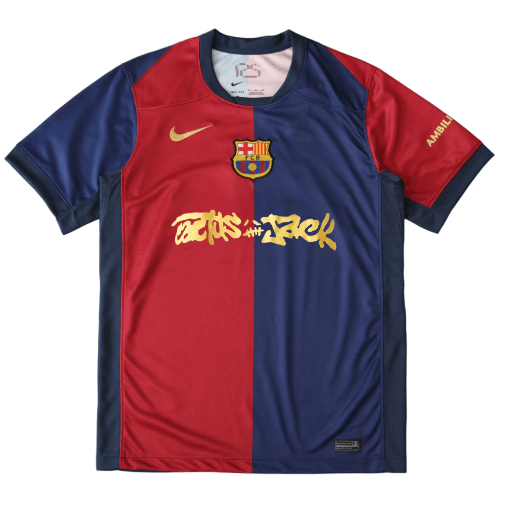 Camisa Barcelona Edição Especial Travis Scott 2025  Vermelha e Azul Masculina